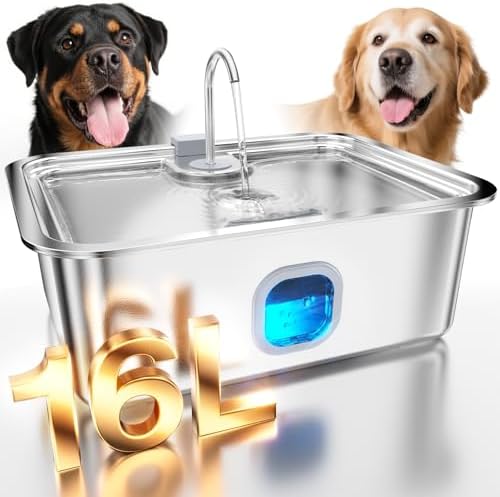4.2Gal Dog Water Fountain for Large Dogs, 16L Stainless Steel Large Dog Fountain Water Bowl with Deeper & Wider Drinking Tray, Automatic Pet Water Dispenser with Visible Window for Multi-Pets Families