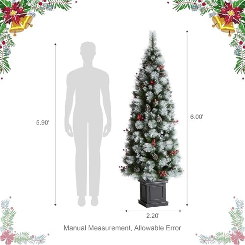 Glitzhome 6 FT Christmas Tree, Pre-Lit Artificial Entrance Trees Greenery Pine Cones and Red Berries Christmas Porch Tree with 200 Warm White Lights for Front Door, Porch, Entryway