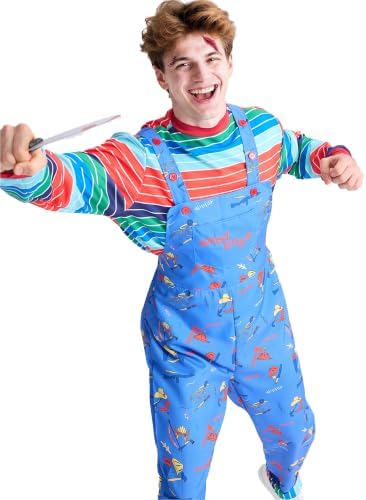 Adult Halloween Chucky Costume Striped Top Overalls Knife Tattoo Scars
