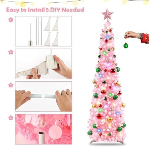 N&T NIETING Pop Up Christmas Tree with Lights & 30 Balls, 5Ft Collapsible Pink Tinsel Tree Decorations for Holiday Home Office Decor, Pink