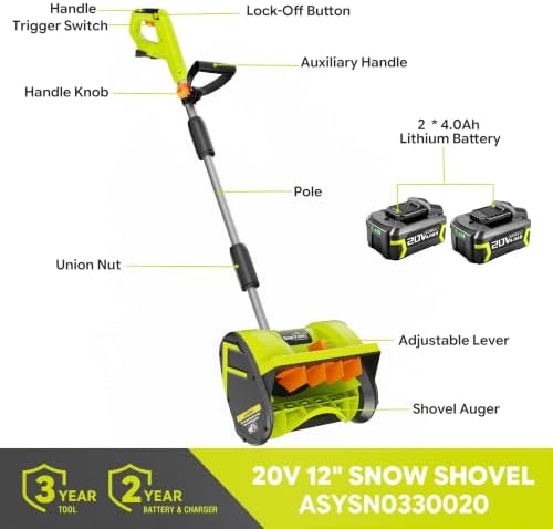 SnapFresh Snow Shovel Cordless, 12” 20V Electric Snow Thrower kit,with 2 * 4.0Ah Batteries and Fast Charger (Green)