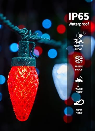 C9 Christmas Lights Outdoor, 114FT 150 LED C9 String Lights, Red|Pure White