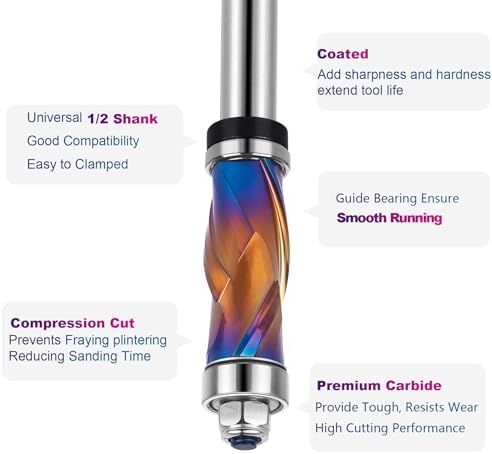 SpeTool Coated Compression Flush Trim Router Bit 1/2 Shank 3/4 Cutting Diameter, Top & Bottom Bearing Extra Long