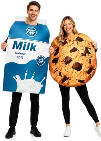 Milk and Cookie Couples Costume for Adults, Funny Halloween Matching Food Cosplay Outfit Set for Men Women, Cute Dessert Theme Party Dress Up Costume