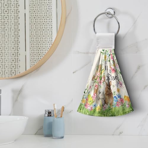 2 Pcs Easter Bunny Hanging Hand Towels He is Risen Rabbits Floral Cross Easter Eggs Kitchen Towels with Hanging Loops Spring Holiday Decorative Dish Cloth Kitchen Tie Towels