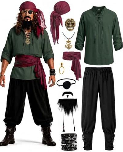 10PCS Pirate Costume for Men, Renaissance Medieval Viking Outfit for Halloween Cosplay with Shirt Pants Jewelry