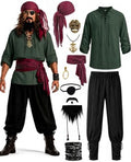 10PCS Pirate Costume for Men, Renaissance Medieval Viking Outfit for Halloween Cosplay with Shirt Pants Jewelry