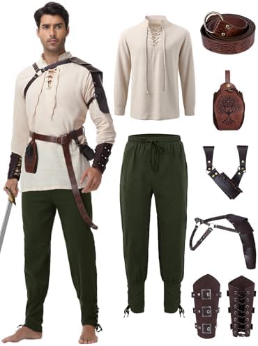 Men's Renaissance Costume,8 Piece Medieval Viking Pirate Outfit Set