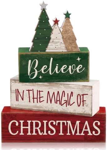 Moucuny 4 Pcs Christmas Table Decorations Rustic Christmas Tree Stacked Wooden Sign Decor Red Green and White Winter Tiered Tray Decor Xmas Table Centerpiece Farmhouse for Home Kitchen Shelf
