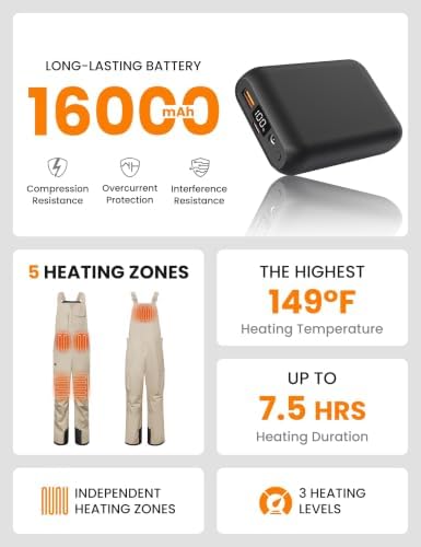 Heated Insulated Bib Overalls for Men with 16000mAh Power Bank