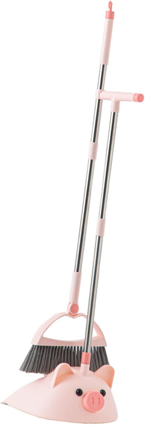 Cute Pig Broom and Dustpan Set, Self-Cleaning with Dustpan Teeth, Indoor&Outdoor Sweeping, Ideal for Dog Cat Pets Home Use, Stand Up Broom and Dustpan