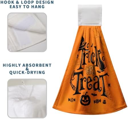 Halloween Trick or Treat Hand Towel with Hanging Loop Spooky Witch Haunted Castle Kitchen Hanging Towels Set of 2 Seasonal Holiday Fingertip Bath Towels Soft Absorbent Dish Tie Towel