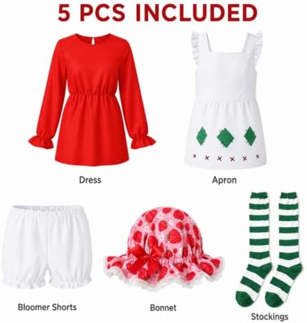 5 Pcs Women's Halloween Strawberry Cake Cosplay Costume Set, Red Dress