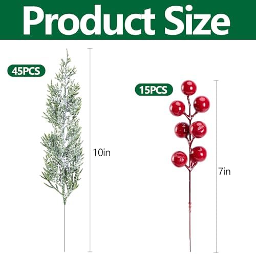 60 Pcs Artificial Christmas Snow Pine Branches with Red Berry Stems, Snowy Faux Greenery Norfolk Pine Cypress Leaves Stems, Berries White Frosted Fake Foliage Pine Needle Picks for Garland Home Decor
