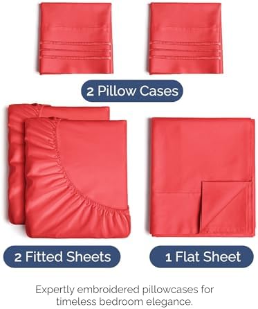 Split King Size 5 Piece Sheet Set - Comfy Breathable & Cooling Sheets - Red