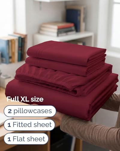 Full XL Sheets - 4 Piece Full XL Sheet Set - Cool & Breathable - Burgundy