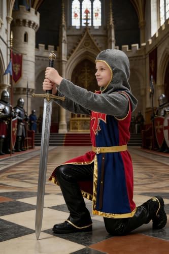 8 Pcs Medieval Kids Knight Costume for Boys and Girls with Cape Shield Sword