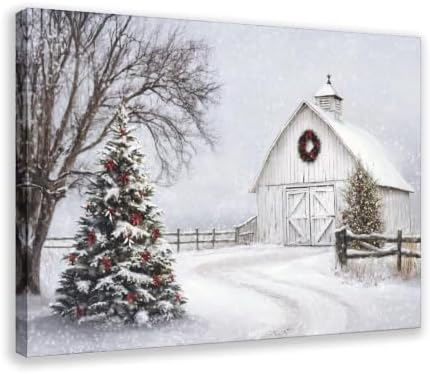 JDBeehpy Winter White Barn Christmas Tree Canvas Wall Art Framed 24x36inch