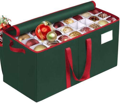 RoomHacks Christmas Ornament Storage Box, Store Up to 128 Ornaments, Durable Christmas Storage Container, Dual Zipper & Adjustable, Large Organizer Bin to Protect and Store Holiday Ornaments(Green)