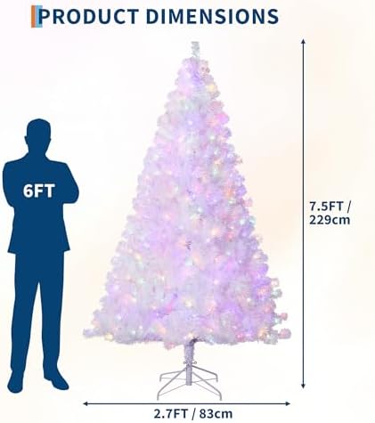 GarveeHome 7.5 ft Prelit Artificial Christmas Tree with 450 Warm White Lights, Pre-Lit Snow Flocked Pencil Christmas Tree, Foldable Base,Holiday Decoration for Home, Office, Party,Laser White