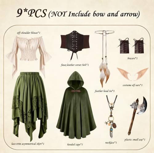 9Pcs Medieval Renaissance Viking Archer Elf Costume for Girls
