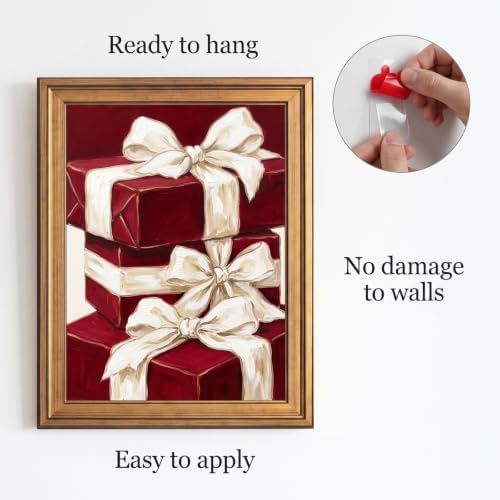 Framed Canvas Wall Art Painterly Gift Boxes Deep Red Wrapping with Thick White Ribbons Canvas Print Poster Gold Frame Wall Decor for Dining Room and Living Room Festive Art, Holiday Decor - Inch 8x10