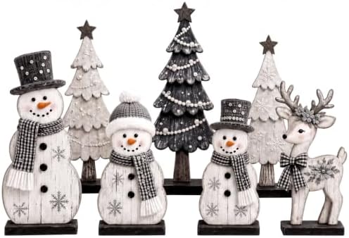 7 Pcs Christmas Table Decor Wooden Snowman Tree Deer Decor, Black,White