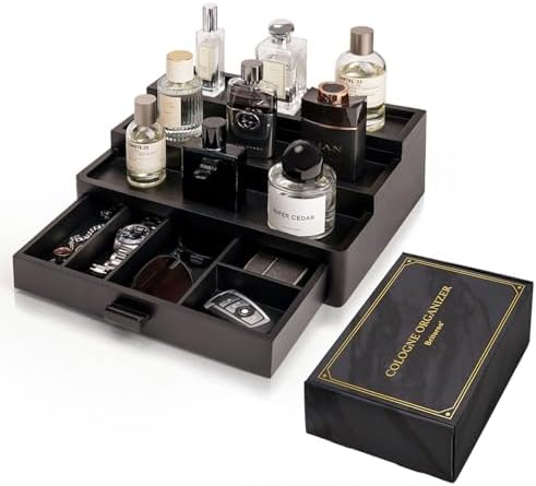 Cologne Organizer for Men, 3 Tier Wooden Cologne Stand with Drawer Storage and Hidden Compartment, Perfume Display Holder for Dresser, Great Gifts for Him Dad Fathers Day, Black