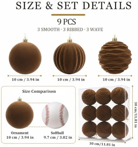9Pcs Brown Velvet Christmas Ornaments 3.94In Balls for Christmas Tree Deco
