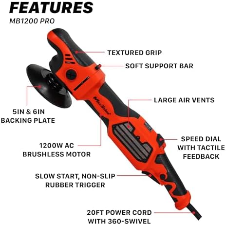 Maxshine MB1200 Pro Rotary Polisher – Brushless 1200W Car Buffer with 5”/6” Backing Plate, 5/8” Thread & 6-Speed Control – Auto Detailing Tool for Cars, Trucks, SUVs & Boats, Paint Correction
