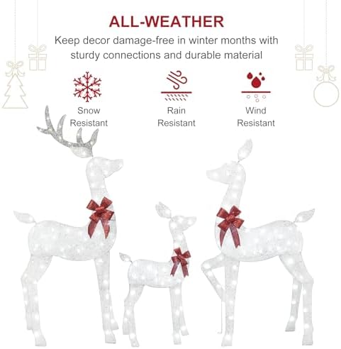HOYECHI 5 FT Oversized Christmas Decorations Outdoor Lighted Reindeer – 3-Piece 2D Deer Family Set with 160 Warm White LED Lights for Yard, Lawn, Garden & Porch Holiday Display - White