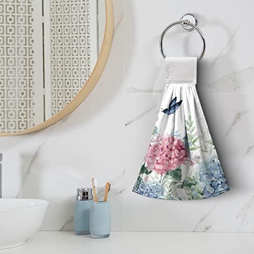Blue Hydrangea Hanging Hand Towels Set of 2 Watercolor Summer Pink Flower Butterfly Kitchen Towels with Hanging Loop Green Leaf Dish Cloth Towels Soft Absorbent Fingertip Bath Tie Towels for Bathroom