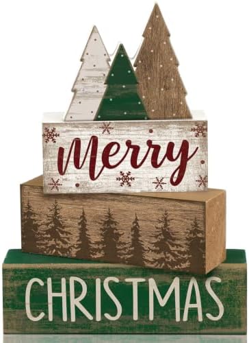Lineshading 4 Pcs Christmas Table Decor Retro Christmas Tree Centerpiece with Buffalo Plaid Pattern Winter Tiered Tray Decor Rustic Wooden Pine Tree Xmas Decoration for Home Shelf Party Kitchen