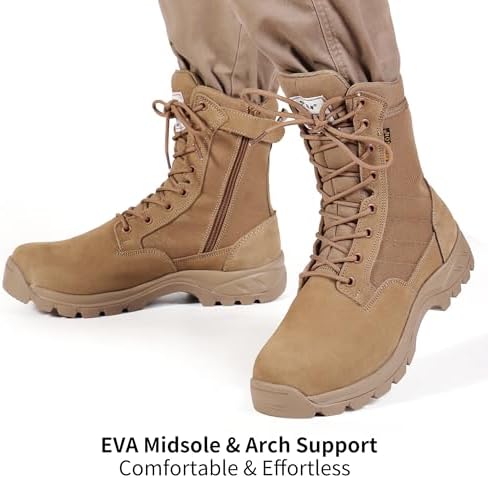 Men's Military Tactical Work Boots with Side Zipper, Puncture Resistant, Desert Combat, Army Jungle, 8 Inch Lightweight Hiking Boots