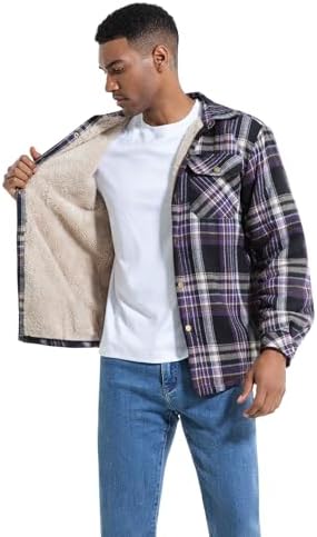 Men's Sherpa Cotton Flannel Shirt Jacket Plaid Button Coat Pocket
