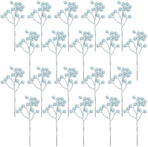 Fangoo 20 Pack 7 Inch Artificial Light Blue Berry Picks for Christmas Tree