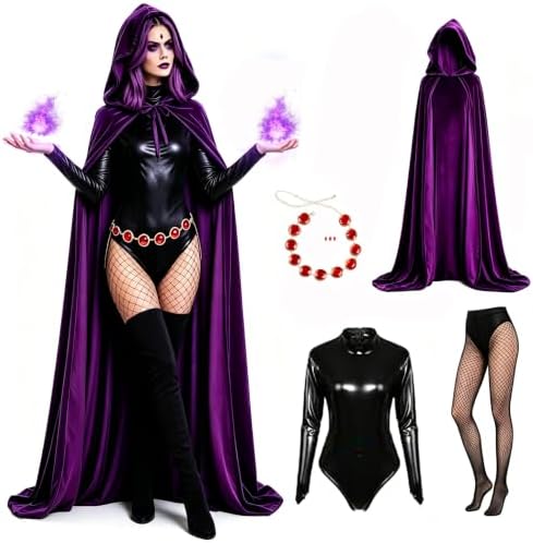 YAQIZENG Purple Velvet Hooded Cloak Costume for Women Adult Halloween Costumes with Bodysuit Black Tights Belt Outfits