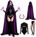 YAQIZENG Purple Velvet Hooded Cloak Costume for Women Adult Halloween Costumes with Bodysuit Black Tights Belt Outfits