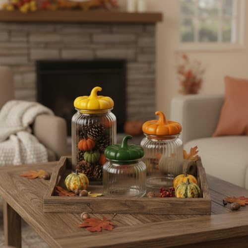 Mimorou 3 Set Pumpkin Glass Jar with Pumpkin Airtight Ceramic Lid 44 oz 33 oz 22oz Fall Clear Candy Jar Food Storage for Thanksgiving Party Cookie Table Decoration(Yellow, Orange, Green,Autumn)