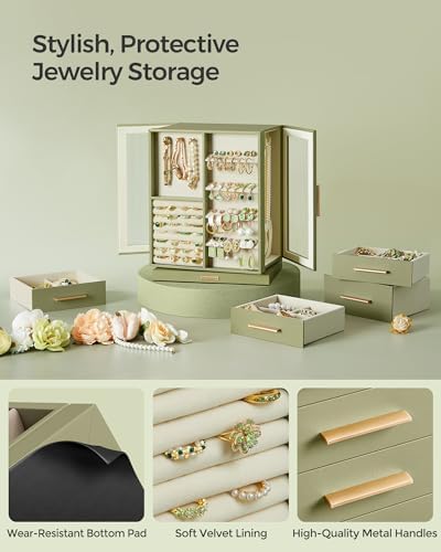 SONGMICS Jewelry Box Organizer, 360° Rotating, 5 Drawers, Laurel Green