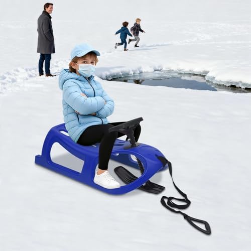 SHZICMY Snow Sled for Kids with Steering Wheel, 220LBS Capacity Winter Sled with Pull Rope, PE & Iron Sled for Outdoor Snowy Hills, Ages 3-12 for Family Winter Fun