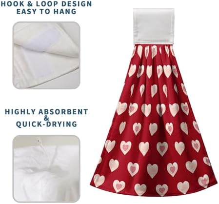 Valentines Heart Kitchen Hanging Towels Valentines Day Red Love Hearts Hand Towels with Hanging Loops Set of 2 Oven Stove Dish Hang Towel Soft Absorbent Tea Bar Bath Tie Towel
