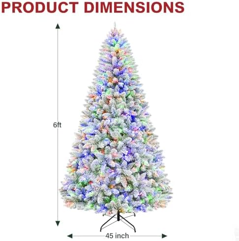 Hykolity 6ft Pre-lit Artificial Christmas Tree with 250 Multicolor LED Lights, 10-Mode Snow Flocked Christmas Tree with 1032 PVC Tips, Metal Stand & Hinged Branches for Holiday