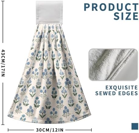 Blue Green Floral Summer Hanging Kitchen Towels Vintage Flowers Hand Towel with Hanging Loop Farmhouse Decorative Bath Tie Towels Soft Absorbent Fingertip Dish Cloth Set of 2