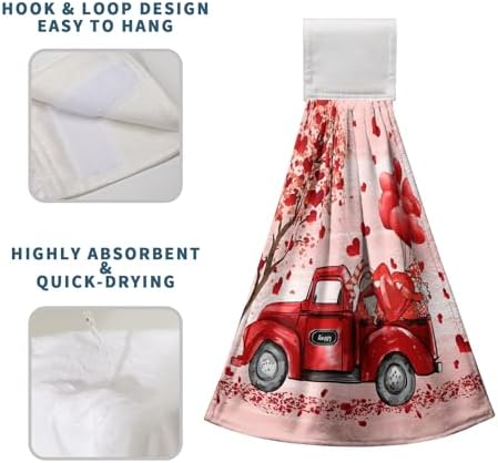 Valentine Hanging Kitchen Towels Red Truck Gnome Love Heart Tree Hand Towel with Hanging Loop Sweet Romantic Dish Tie Towels Bath Towel for Anniversary Wedding Home Decor Set of 2
