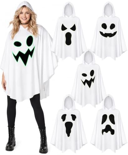 5 Pcs Group Halloween Costumes Ghost Poncho Family Costumes Glow-in-the-Dark Hooded Poncho Pumpkin Adults Women Men Cosplay
