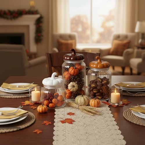 Mimorou 3 Set Fall Glass Jar with Pumpkin Lid Fall Clear Candy Jar Food Storage Canister with Airtight Ceramic Lid for Thanksgiving Party Tea Cookie Table Decoration (White, Brown, Light Brown,Autumn)