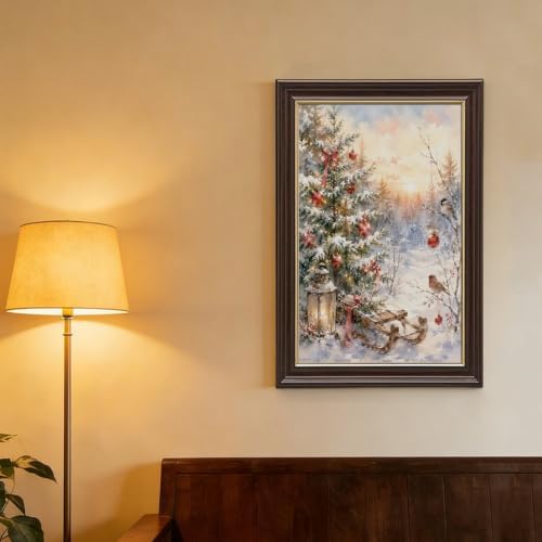 Snowy Christmas Tree Canvas Wall Art Wood Grain with Gold Edge Frame Sled