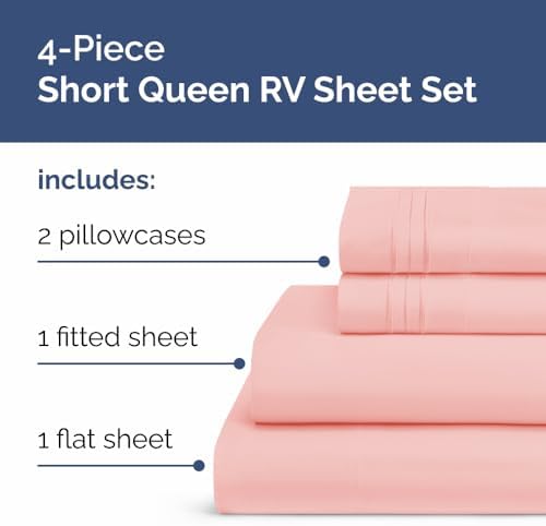 Short Queen Size 4 Piece Bed Sheet Set - RV Short Queen Sheets - Baby Pink