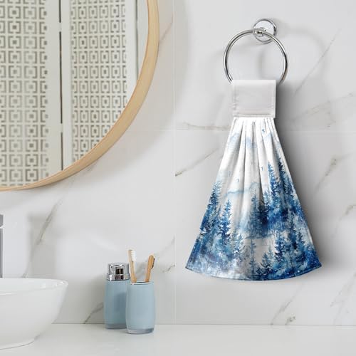 Blue Misty Forest Hanging Hand Towels Set of 2 Winter Nature Pine Trees Mountain Kitchen Towels with Hanging Loop Rustic Farmhouse Hand Towels Super Absorbent Soft Dish Tie Towel Tea Towel